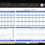 Excel dashboard: Income Statement and Balance Sheet sections with yearly (to 2030) and 2026 monthly data, blue headers, and charts visible on screen