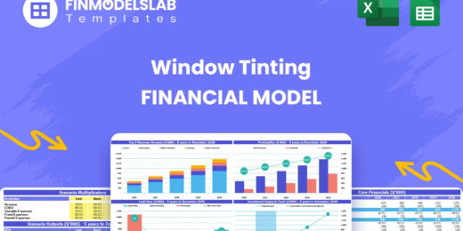Window Tinting Financial Model - overview hero showing model purpose, summarizing key KPIs, runway, cash and performance in a dynamic dashboard to reduce cash-flow blind spots and present investor-ready metrics