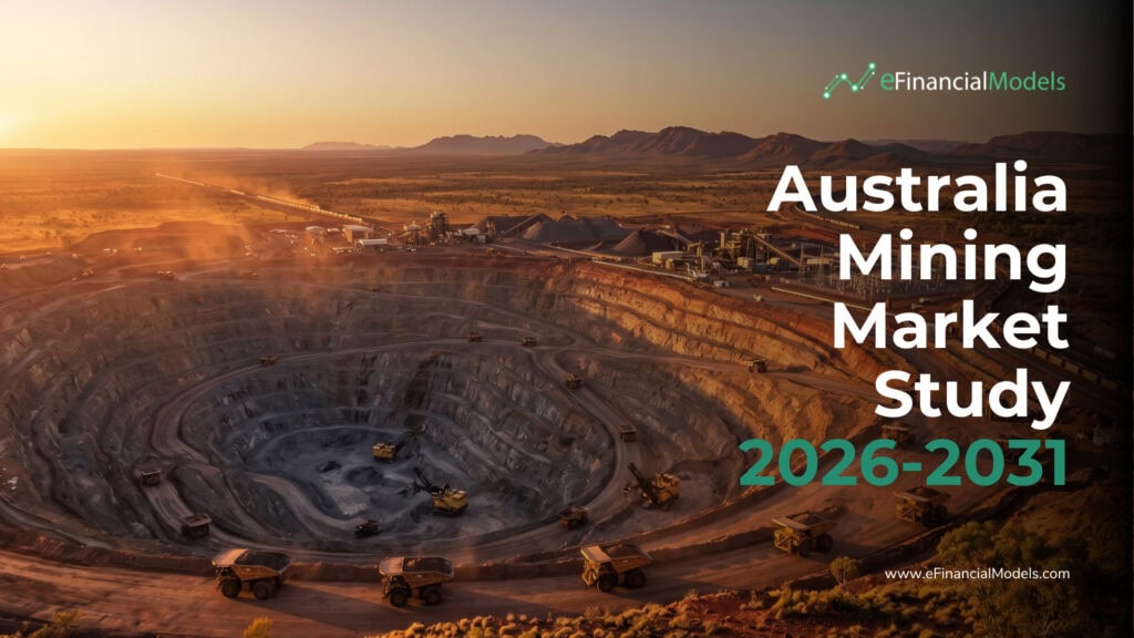 Australia Mining Market Study 2026-2031 | eFinancialModels Open-pit mining site at sunset with heavy trucks; cover image for'Australia Mining Market Study 2026–2031' by eFinancialModels.