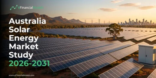 Cover image of a large solar farm at sunset with a distant city skyline; overlay text reads 'Australia Solar Energy Market Study 2026-2031' and the eFinancialModels logo appears in the top left corner.