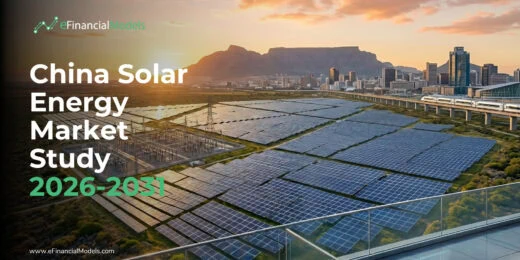 Cover image: solar panels in a field with a city skyline at sunset; title reads 'China Solar Energy Market Study 2026-2031' with eFinancialModels logo.