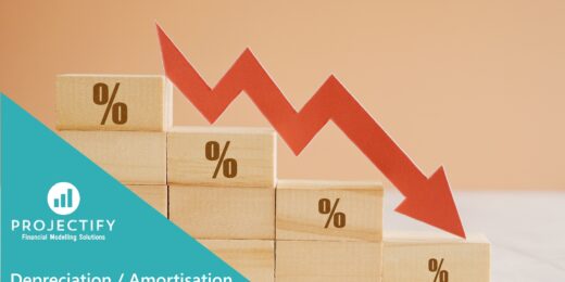 Projectify branding on teal overlay with stacked blocks and a red zigzag chart illustrating depreciation trends