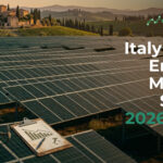 Solar farm at sunset with a hillside village; overlay text reads 'Italy Solar Energy Market Study 2026-2031' and eFinancialModels logo.