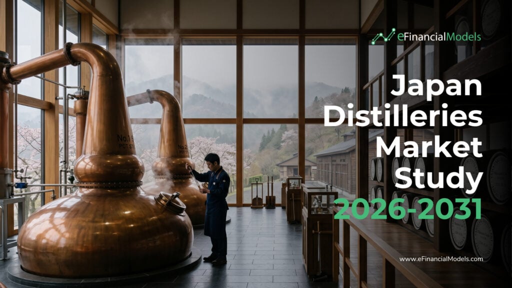 Japan Distilleries Market Study 2026-2031 | eFinancialModels Copper distillery interior with a worker inspecting a still, large windows overlooking mountains; foregrounded text reads'Japan Distilleries Market Study 2026-2031' for eFinancialModels.