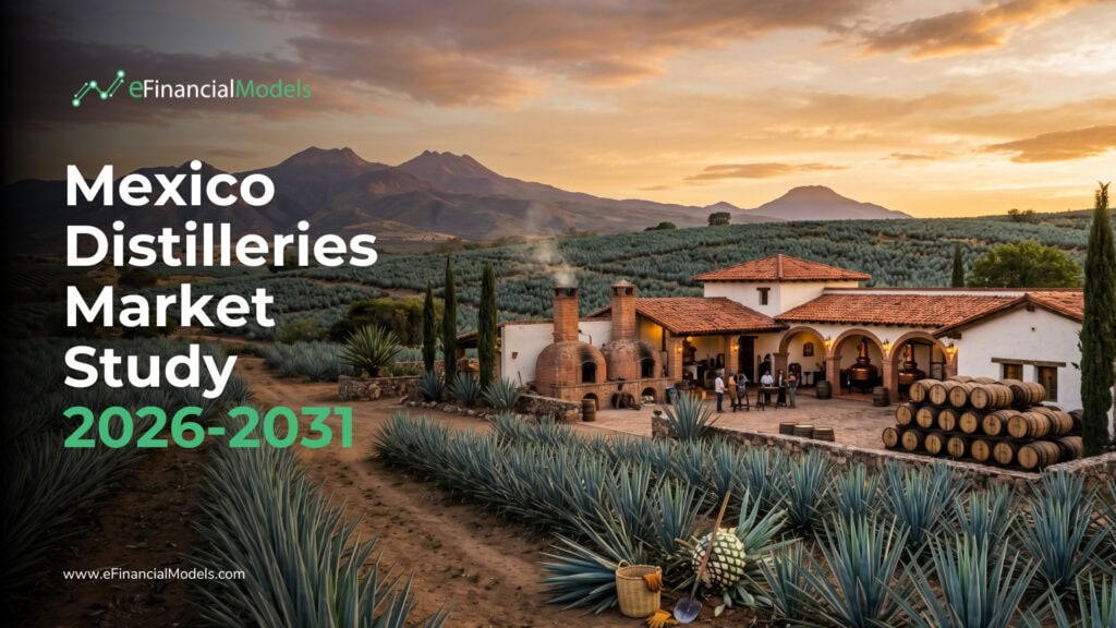 Mexico Distilleries Market Study 2026-2031 | eFinancialModels Cover image for eFinancialModels’ Mexico Distilleries Market Study 2026–2031, showing a hillside vineyard, distillery buildings, and barrels at sunset.