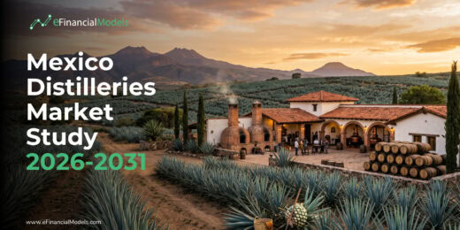 Cover image for eFinancialModels’ Mexico Distilleries Market Study 2026–2031, showing a hillside vineyard, distillery buildings, and barrels at sunset.