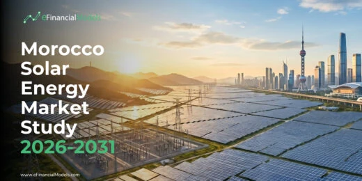 Cover image for a Morocco solar energy market study by eFinancialModels, showing solar farms and a modern city skyline at sunset (2026–2031).