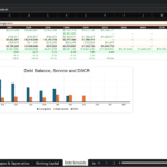 Screenshot 1601 | eFinancialModels Debt Schedule worksheet: yearly debt metrics (Opening Debt, Drawdowns, Principal Repayment, Closing Debt, Interest Expense, Debt Service, DSCR) for 2026–2035, plus a DSCR row and a chart labeled Debt Balance, Service and DSCR showing Closing Debt and Debt Service bars.