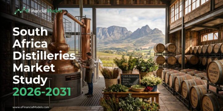 South Africa Distilleries Market Study 2026-2031 | eFinancialModels Copper distillery equipment inside a rustic facility with barrels, mountain view outside, and overlay text: 'South Africa Distilleries Market Study 2026-2031'.