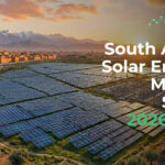 Cover image for a report: solar panels with a city and mountains at sunset, title 'South Africa Solar Energy Market Study 2026-2031'