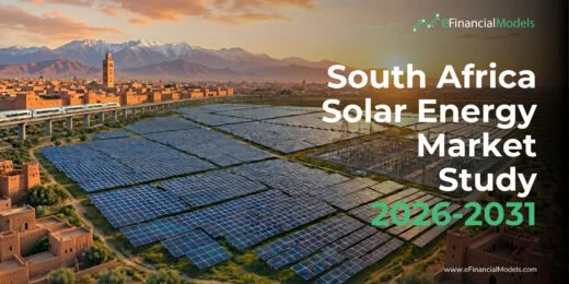 Cover image for a report: solar panels with a city and mountains at sunset, title 'South Africa Solar Energy Market Study 2026-2031'