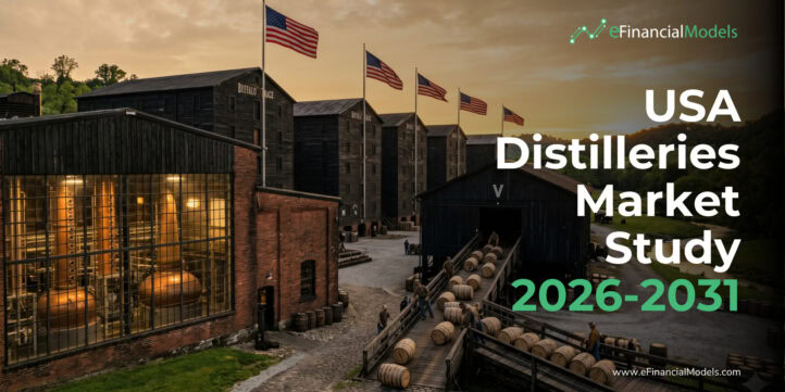 USA Distilleries Market Study 2026-2031 | eFinancialModels Distillery complex with American flags and large overlay text: 'USA Distilleries Market Study 2026-2031' and website at bottom right.