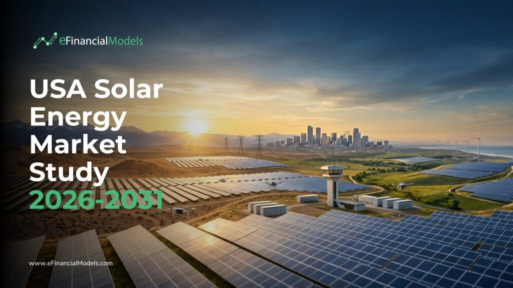 USA Solar Energy Market Study 2026-2031 | eFinancialModels Banner for eFinancialModels:'USA Solar Energy Market Study 2026-2031' over a solar farm and city skyline at sunset.