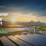 Banner for eFinancialModels: 'USA Solar Energy Market Study 2026-2031' over a solar farm and city skyline at sunset.