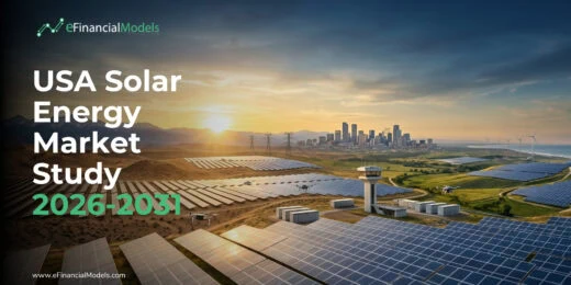 Banner for eFinancialModels: 'USA Solar Energy Market Study 2026-2031' over a solar farm and city skyline at sunset.
