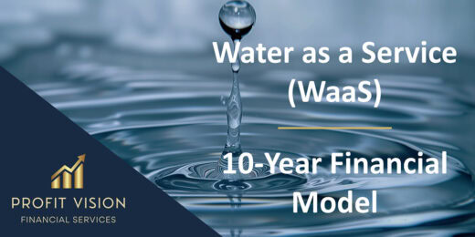 Water as a Service (WaaS) 10-Year Financial Model — Profit Vision Financial Services (presentation slide). The water drop image with a dark blue diagonal panel and logo in the corner.