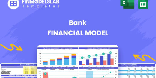 Bank Financial Model head image summarizing model scope and purpose, highlighting core tabs (dashboard, inputs, reports, valuation) and how it helps analyze bank profitability, capital needs, and regulatory metrics.