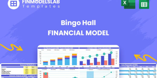 Bingo Hall Financial Model head image showing the model overview and purpose, summarizing key sections like dashboard, inputs, reports and valuation to help plan operations, staffing and funding.