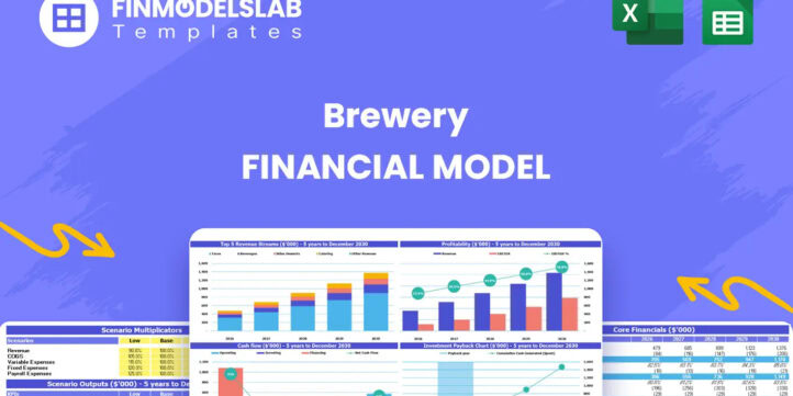 brewery-financial-model-headimage-financialmodelslab_14ad6ec6-6301-4cd5-acaa-7cfd585ba29d1 | eFinancialModels Brewery Financial Model - overview hero image summarizing model scope, key KPIs, runway and performance with a dynamic dashboard to spot cash-flow blind spots and present investor-ready metrics
