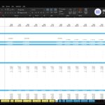 Screenshot of an Excel workbook titled 'Income Statement' for ABC Company Inc., displaying revenue, cost of sales, gross profit, and payroll sections with blue highlight bars across multiple columns/months, and bottom sheet tabs like Contents, Dashboard, Acquisition, and more.