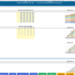 Spreadsheet-style report showing expenses, payroll costs, and product costs with annual baselines, seasonality months, and sparklines embedded in charts area for trends and comparisons across departments and years (2026–2031).
