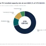 Donut chart showing USA solar PV capacity mix at end-2025: 279 GW-DC total, with 70% utility-scale, 12% residential rooftop, 11% commercial & industrial, and 7% community solar.