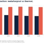 Bar chart comparing metallurgical (blue) vs thermal (orange) coal production from 2024–2031, showing thermal coal much higher throughout the period.