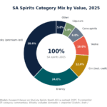Donut chart showing SA spirits 2025 value share: Whisky 38%, Brandy 24%, Gin 12%, Vodka 10%, Cane spirits 6%, Liqueurs 5%, Other 5% (100%).