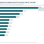 Bar chart of Germany's top solar PV operators by installed capacity (GW DC) to end-2025; RWE leads, followed by EnBW (1.10 GW), BayWa r.e. (0.95 GW), Encavis (0.78 GW), ABO Energy (0.45 GW); note: top-10 share ~6%.