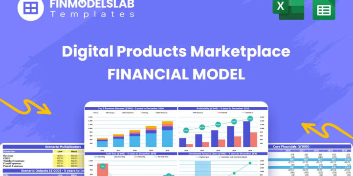 marketplace-for-digital-products-financial-model-headimage-financialmodelslab_74238da7-4437-46fe-a0b2-fa1ee40dec211 | eFinancialModels Digital Products Marketplace Financial Model overview showing the model’s scope, key KPIs, runway and performance summary in a dynamic dashboard to remove cash-flow blind spots and present investor-ready metrics