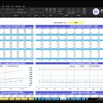Dashboard-style Excel workbook showing financial statements (Income Statement and Balance Sheet) with data for 2026–2030 and monthly 2026 timeline; colorful charts at bottom.