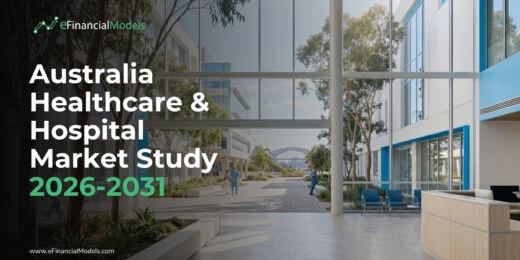 eFinancialModels logo on a modern hospital campus banner: 'Australia Healthcare & Hospital Market Study 2026-2031' (cover image)