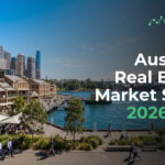 Harbor city skyline with a waterfront promenade, overlaid with the title 'Australia Real Estate Market Study 2026-2031' and the eFinancialModels logo.