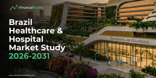eFinancialModels logo with a modern hospital building backdrop and the title 'Brazil Healthcare & Hospital Market Study 2026-2031' overlaid.