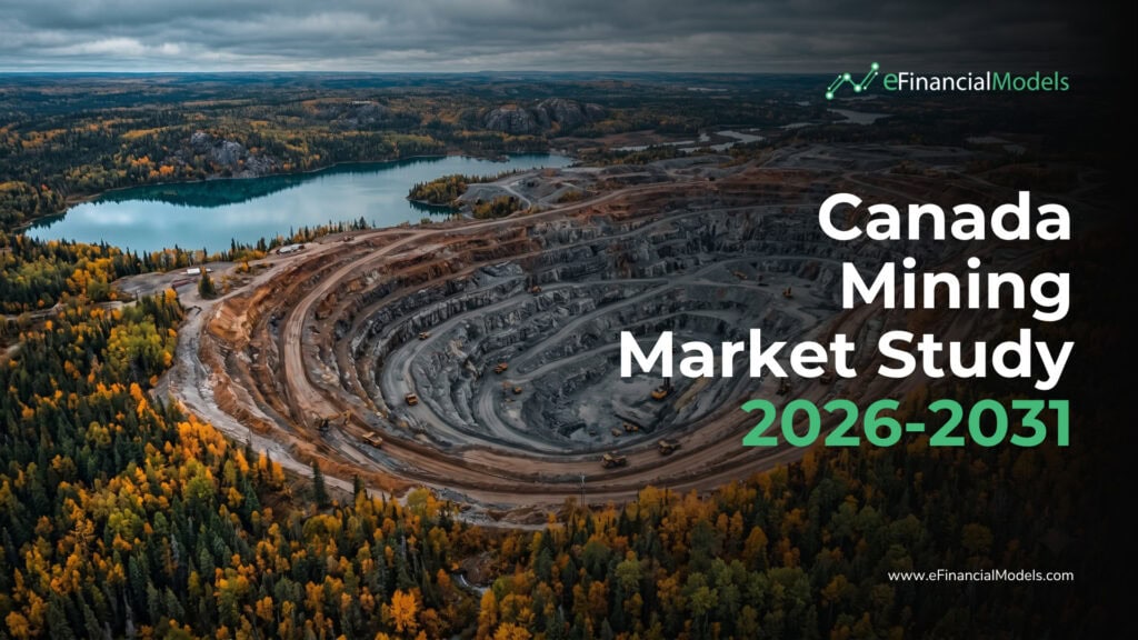 Canada Mining Market Study 2026-2031 | eFinancialModels Aerial view of an open-pit mine surrounded by autumn-colored forest, with the title'Canada Mining Market Study 2026-2031' and the eFinancialModels branding.