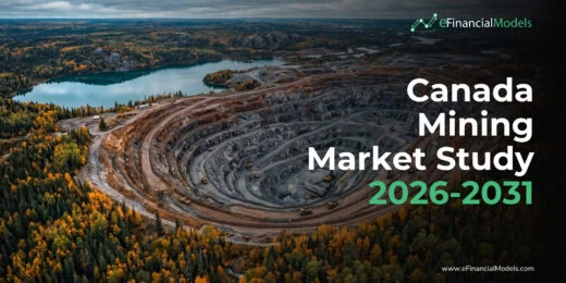 Aerial view of an open-pit mine surrounded by autumn-colored forest, with the title 'Canada Mining Market Study 2026-2031' and the eFinancialModels branding.