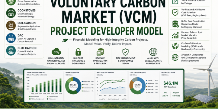 Voluntary Carbon Market (VCM) Project Developer Financial Model – Carbon Credits, Registry Costs, Buffer Pool, Basis Risk & Article 6.4 Scenario Voluntary Carbon Market (VCM) Project Developer Financial Model – Carbon Credits, Registry Costs, Buffer Pool, Basis Risk & Article 6.4 Scenario