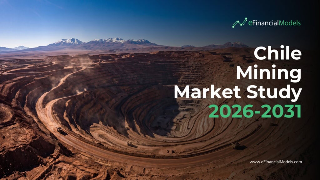 Chile Mining Market Study 2026-2031 | eFinancialModels Aerial view of a large open-pit Chilean mine with terraced, winding benches and distant mountains; overlay text reads'Chile Mining Market Study 2026-2031' with the eFinancialModels logo.
