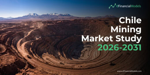 Aerial view of a large open-pit Chilean mine with terraced, winding benches and distant mountains; overlay text reads 'Chile Mining Market Study 2026-2031' with the eFinancialModels logo.