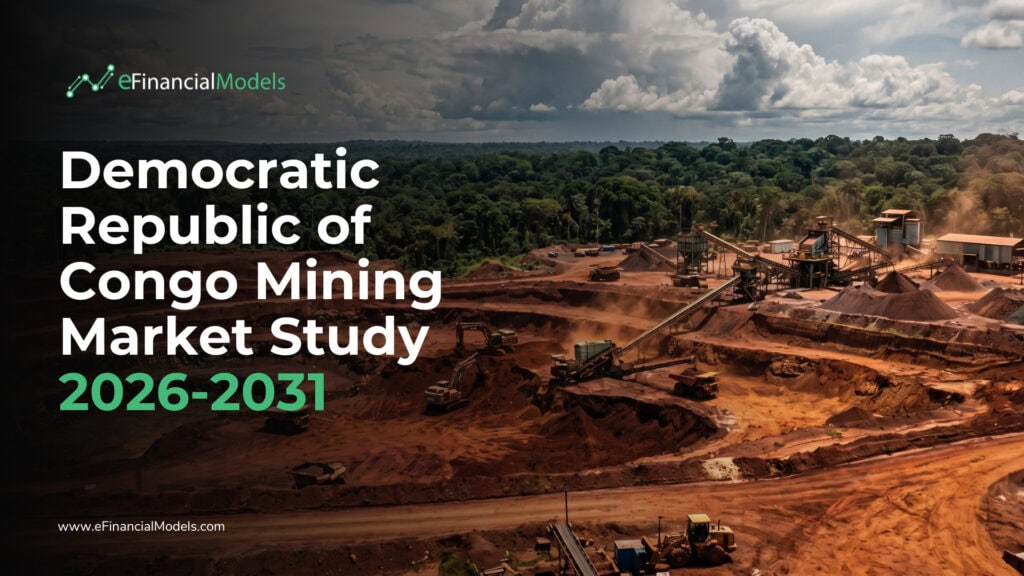 Democratic Republic of Congo Mining Market Study 2026-2031 | eFinancialModels Hero image for a Congo mining market study: large white title text over a mining site and the eFinancialModels logo.