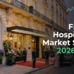 Cover image for a France hospitality market study: grand hotel entrance with red carpet and people, overlaid with 'France Hospitality Market Study 2026-2031' and eFinancialModels.