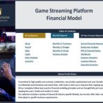 Profit Vision slide showing a 'Game Streaming Platform Financial Model' title, left logo panel and a person wearing headphones at a laptop with a table of contents including Set up Reports, Monthly Reports, and 10-Year Forecast Reports