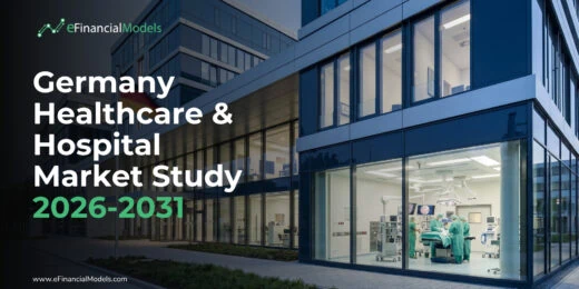 Cover image for a report: Germany healthcare & hospital market study 2026–2031 by eFinancialModels; corporate building background.