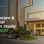 Hero banner: modern hospital exterior with Akashay Hospital sign, overlaid title 'India Healthcare & Hospital Market Study 2026-2031' for eFinancialModels.