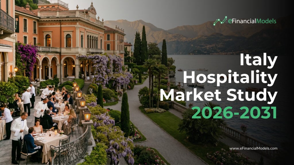 Italy Hospitality Market Study 2026-2031 | eFinancialModels Luxurious Italian lakeside dining terrace with guests, blooming vines, and a villa along a calm lake with mountains in the background; report cover text visible on right side.