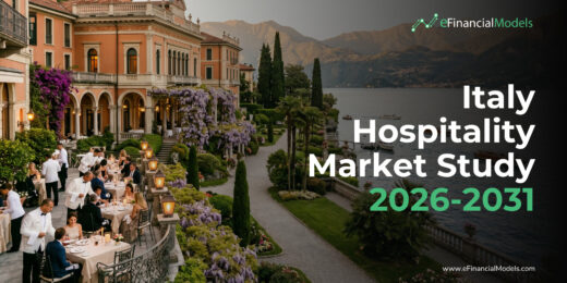 Luxurious Italian lakeside dining terrace with guests, blooming vines, and a villa along a calm lake with mountains in the background; report cover text visible on right side.
