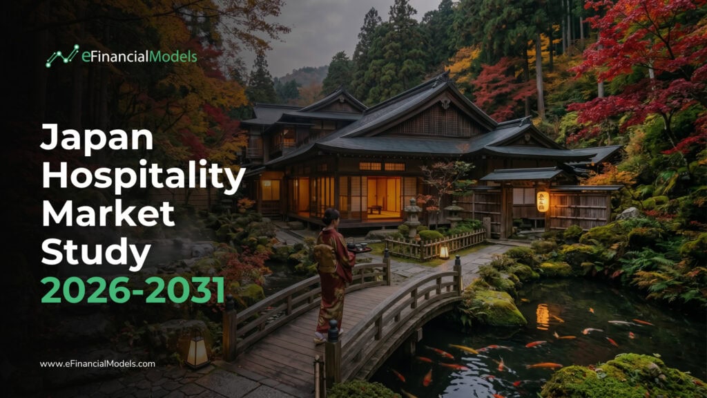 Japan Hospitality Market Study 2026-2031 | eFinancialModels Cover image for Japan Hospitality Market Study 2026-2031: traditional inn beside a koi pond amid autumn foliage with eFinancialModels logo.