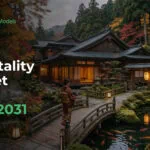 Cover image for Japan Hospitality Market Study 2026-2031: traditional inn beside a koi pond amid autumn foliage with eFinancialModels logo.