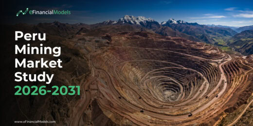 Open-pit mining terraces in Peru with the title 'Peru Mining Market Study 2026-2031' and eFinancialModels logo in the corner.