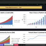 Screenshot 2100 | eFinancialModels Excel dashboard titled 'Three-Sided Economics — Bull' showing two charts: Interchange: Debit vs Credit ($M) and Float: Gross vs Platform ($M).